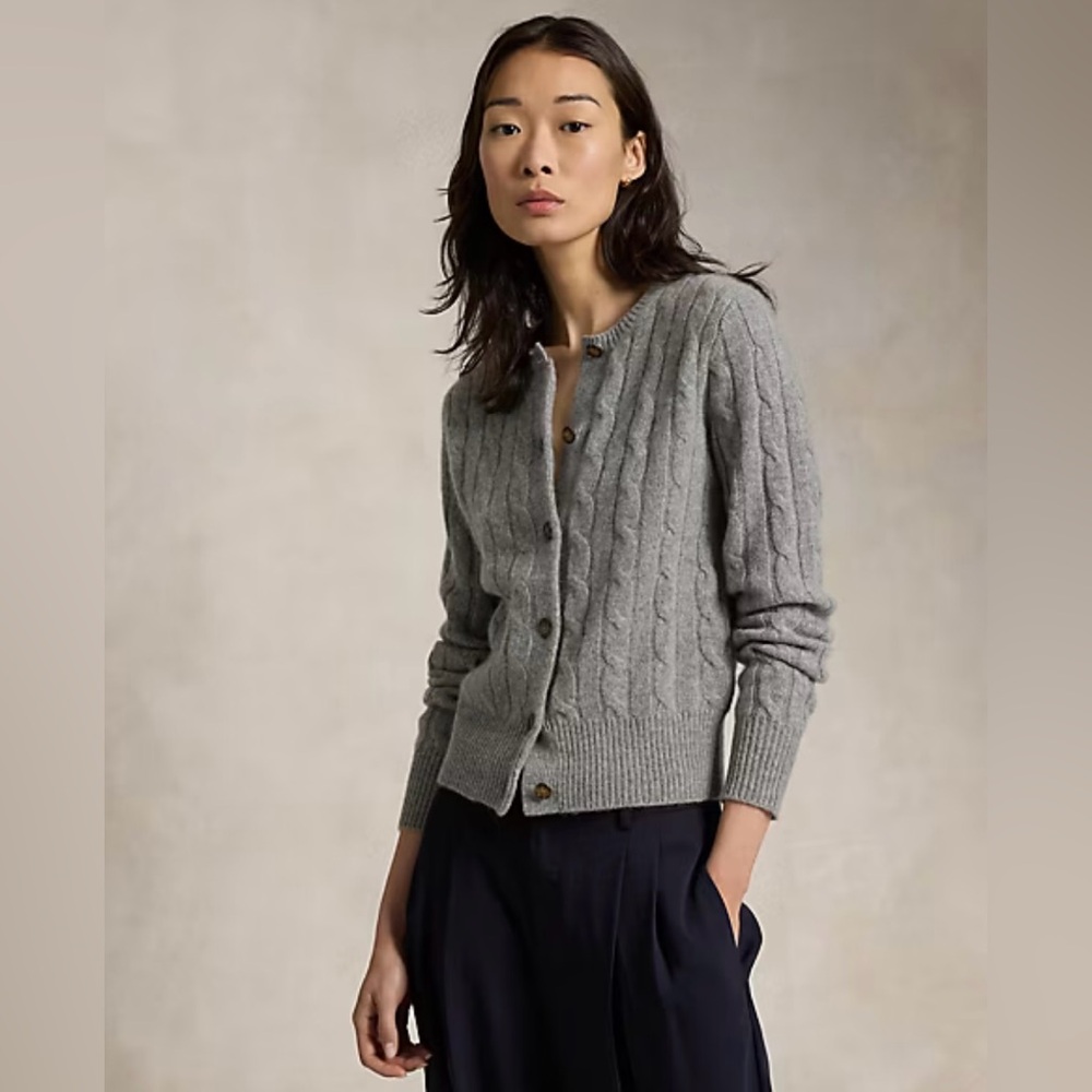Polo Ralph Lauren Grey CASHMERE (L)Cable-Knit SFA Crewneck Cardigan -Like New
